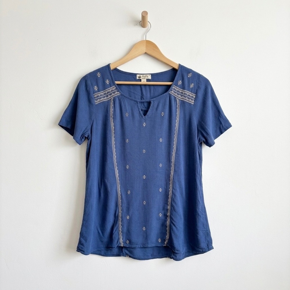 Unity World Wear Blue Boho Split Neck Rayon Blouse XL Short Sleeve Romantic